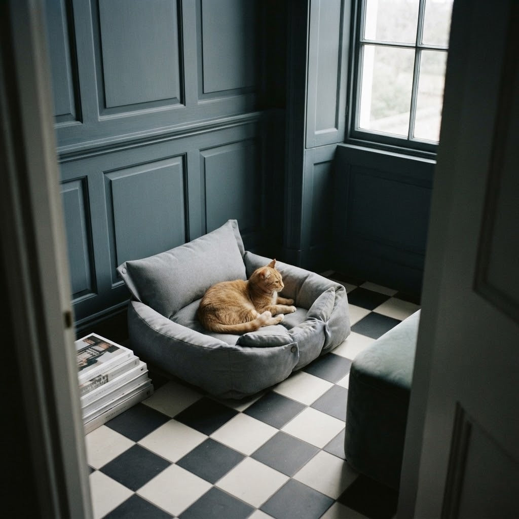 Sandon washable 3-in-1 pet bed in grey in use at home with a cat | The Fernby