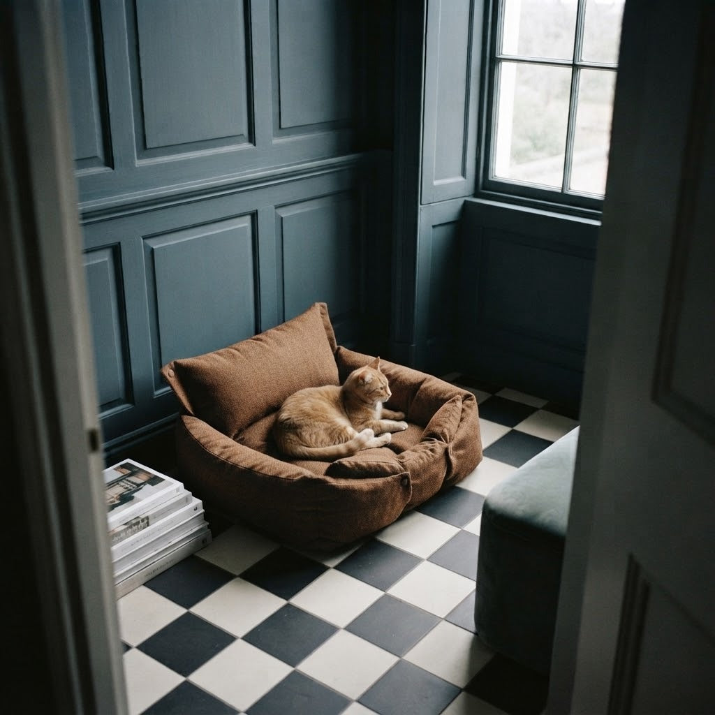 Sandon washable 3-in-1 pet bed in brown in use at home with a cat | The Fernby