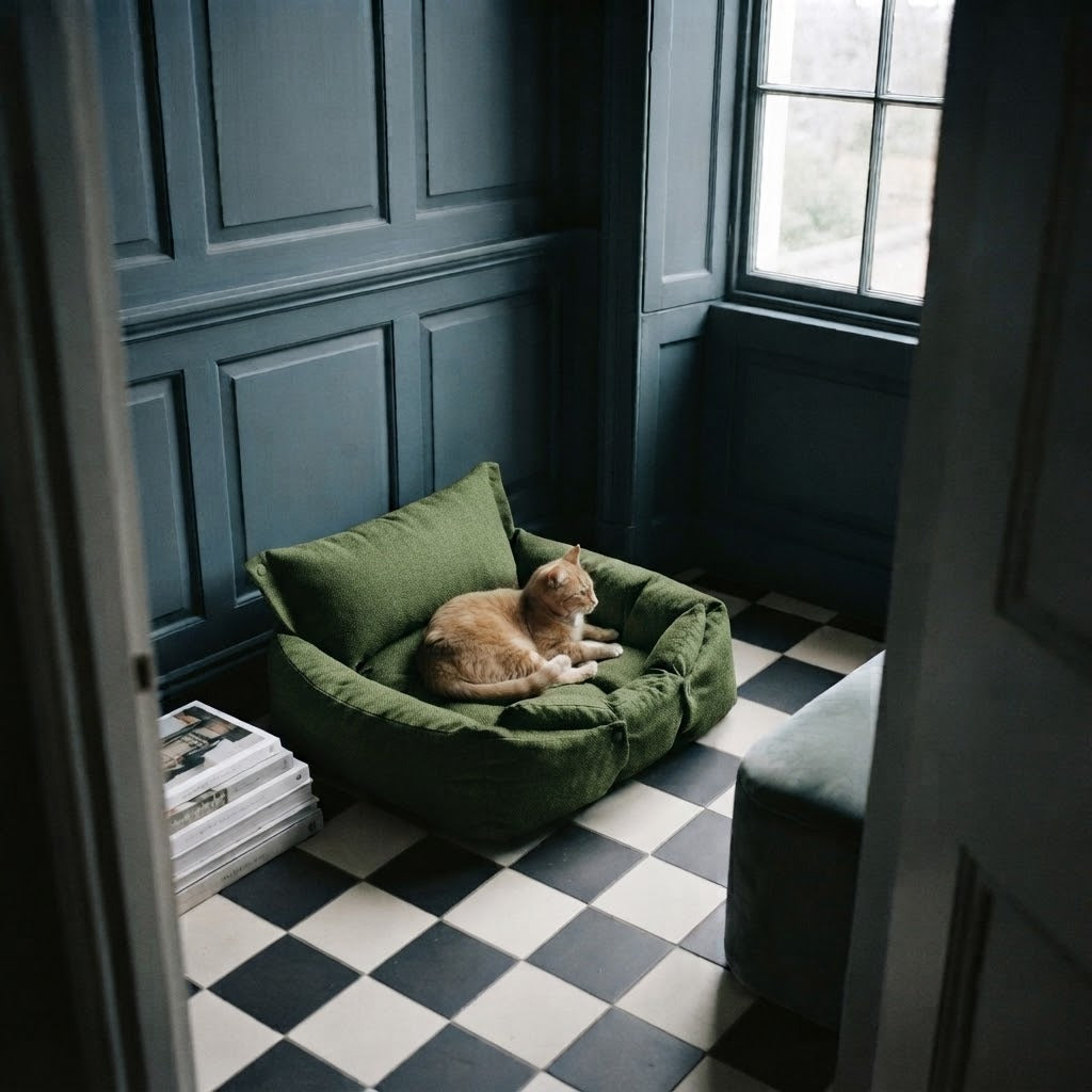 Sandon washable 3-in-1 pet bed in green in use at home with a cat | The Fernby