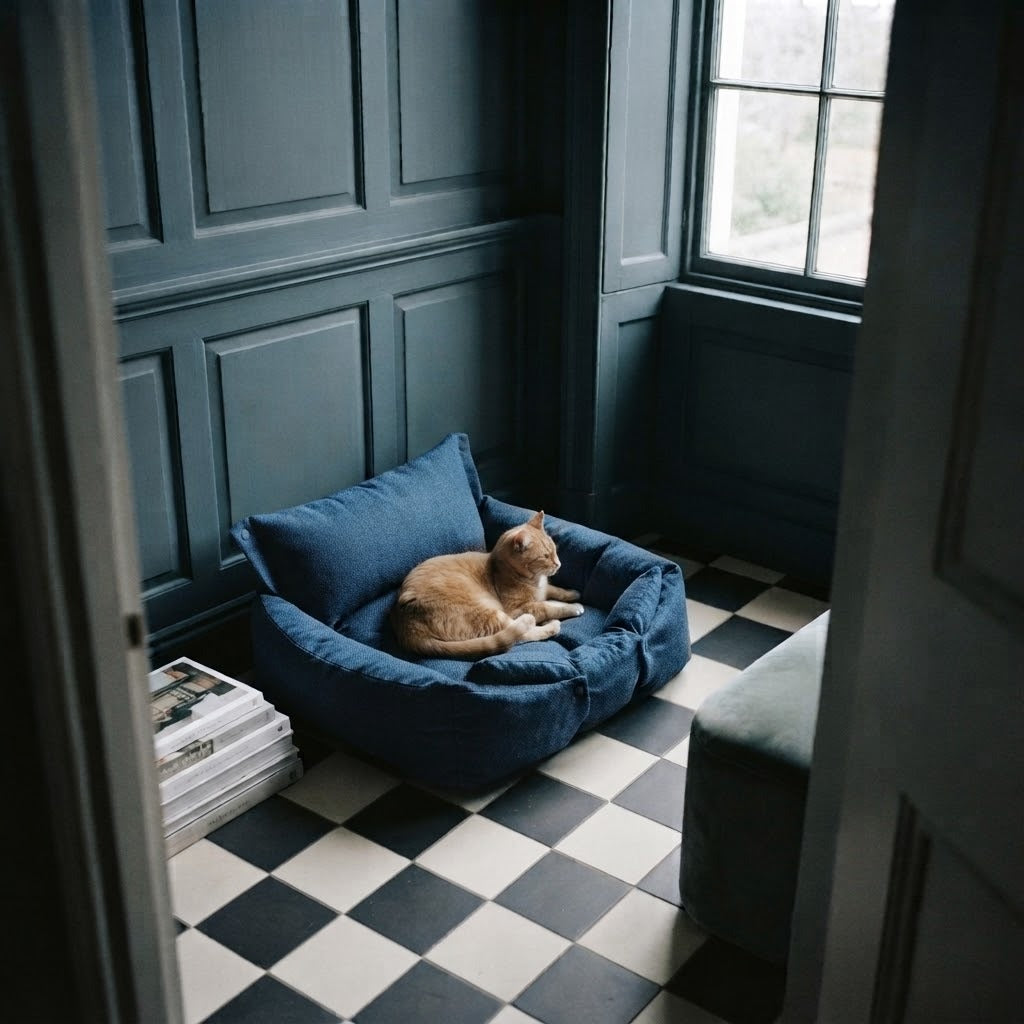 Sandon washable 3-in-1 pet bed in blue in use at home with a cat | The Fernby