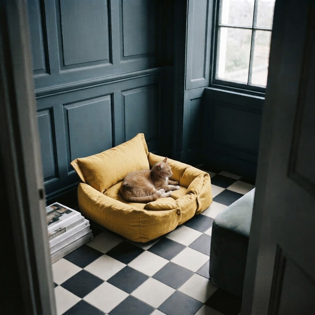 Sandon washable 3-in-1 pet bed in yellow in use at home with a cat | The Fernby