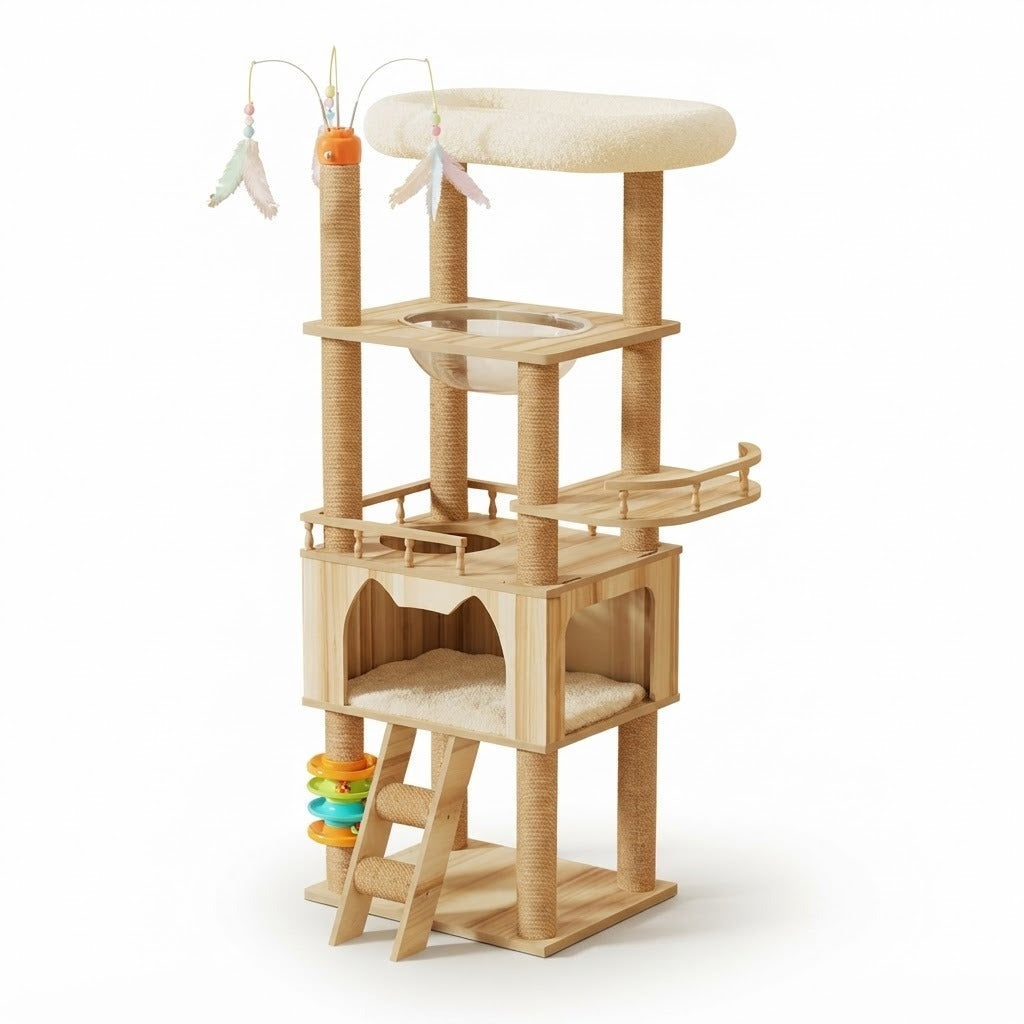 Sedbergh multi-level cat tree with feather wand toys in natural wood on a white background | The Fernby