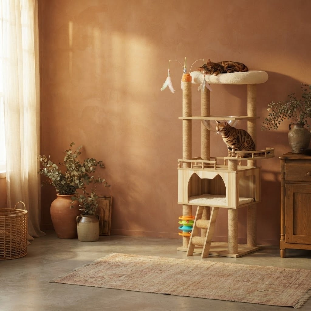 Sedbergh multi-level cat tree with feather wand toys in a home setting with a cat | The Fernby
