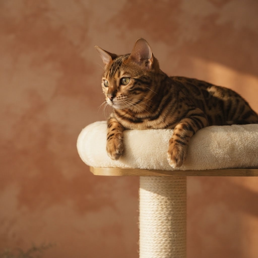 Sedbergh multi-level cat tree with feather wand toys in a home setting with a cat | The Fernby