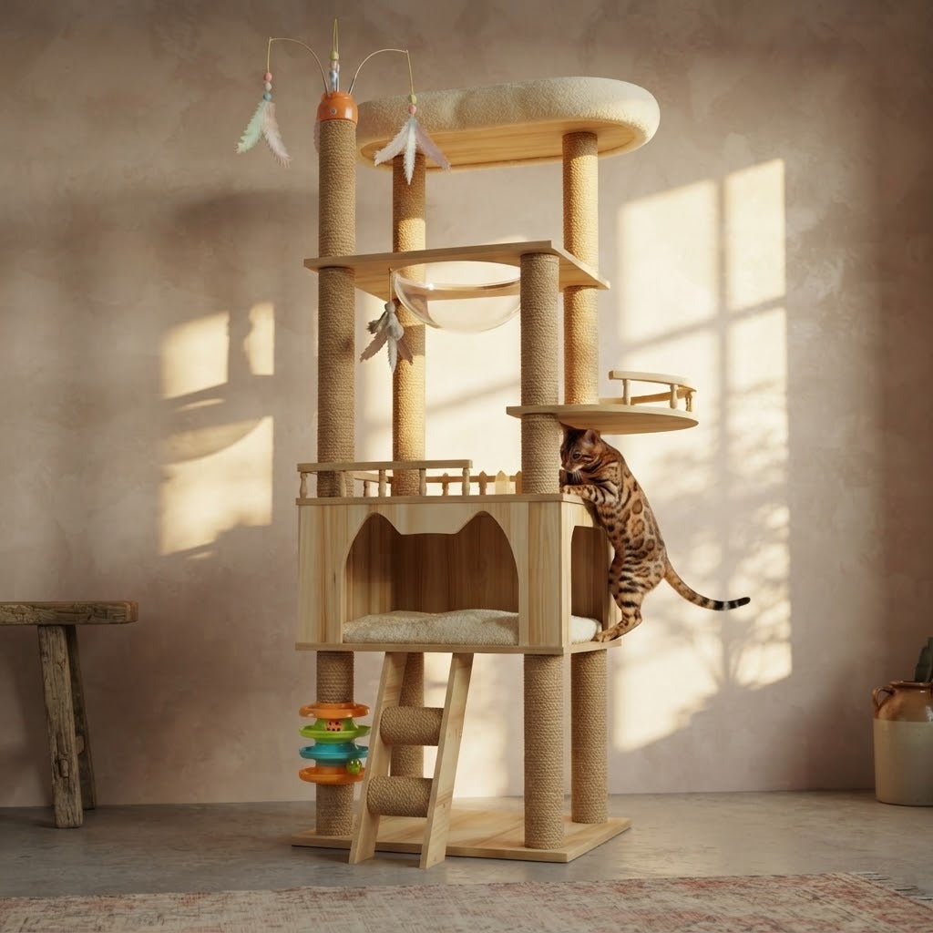 Sedbergh multi-level cat tree with feather wand toys in a home setting with a cat | The Fernby