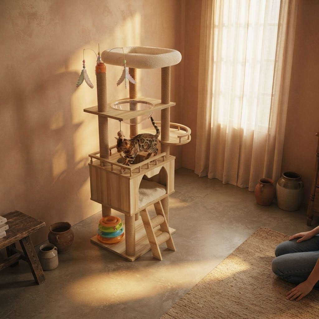 Sedbergh multi-level cat tree with feather wand toys in a home setting with a cat | The Fernby