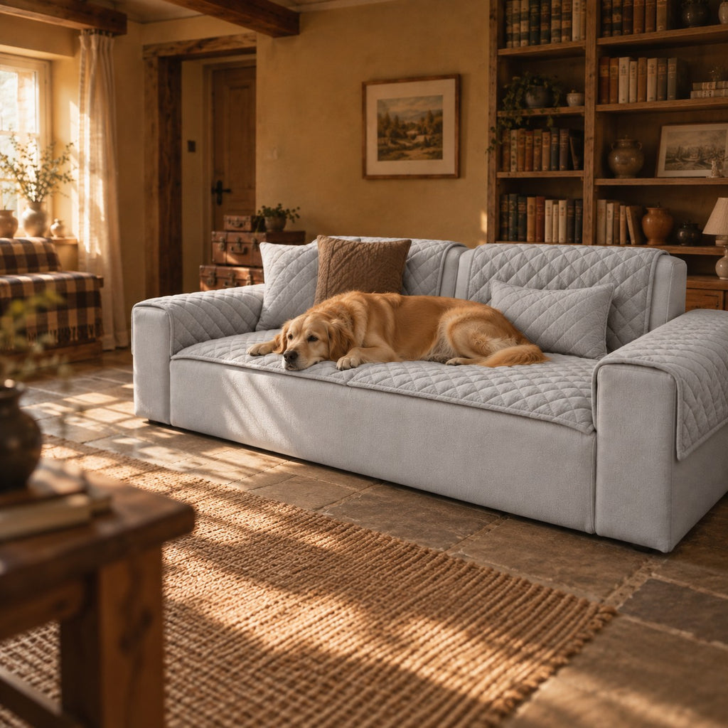 Sedge pet sofa cover in light grey in a home setting | The Fernby