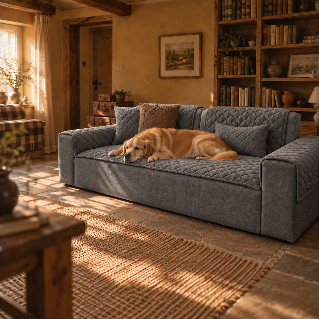 Sedge pet sofa cover in dark grey in a home setting | The Fernby