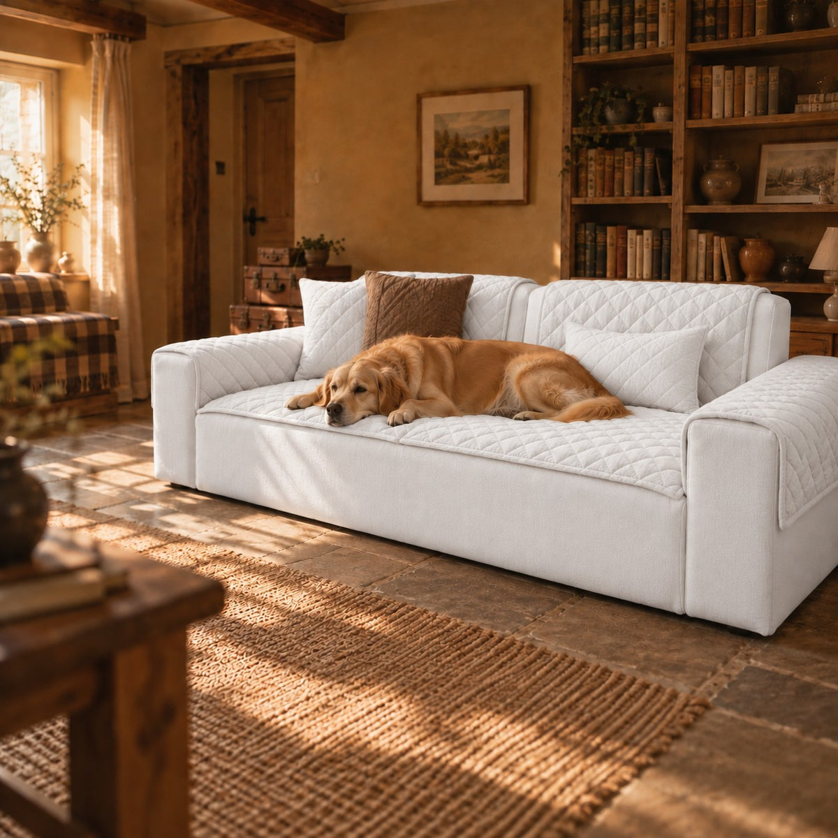 Sedge pet sofa cover in white in a home setting | The Fernby