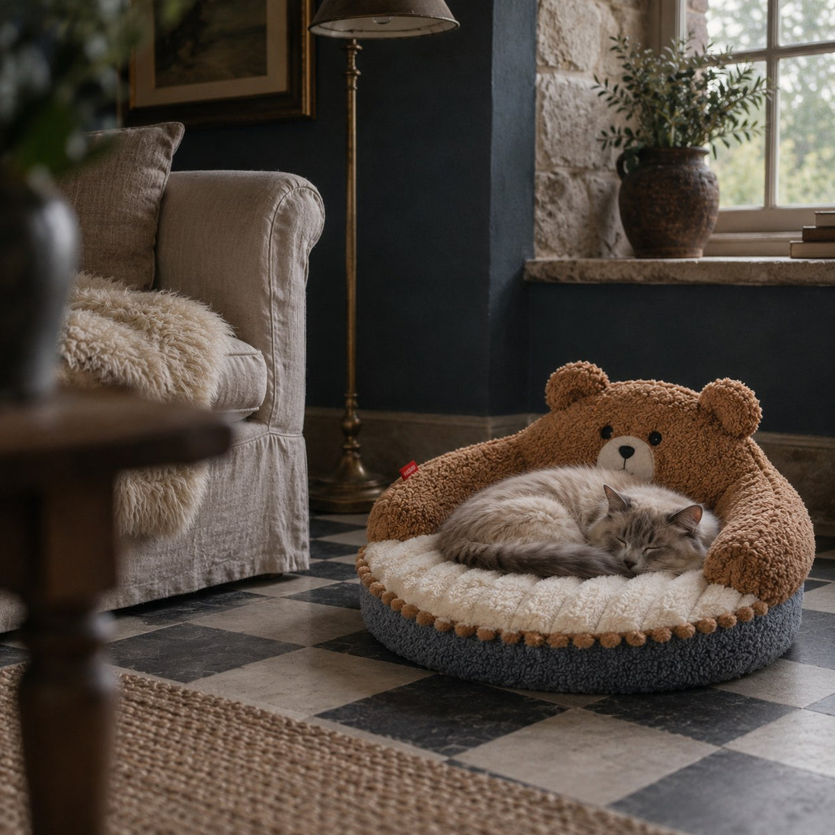 Sorrel bear-ear cat donut bed in coffee bear in use at home | The Fernby