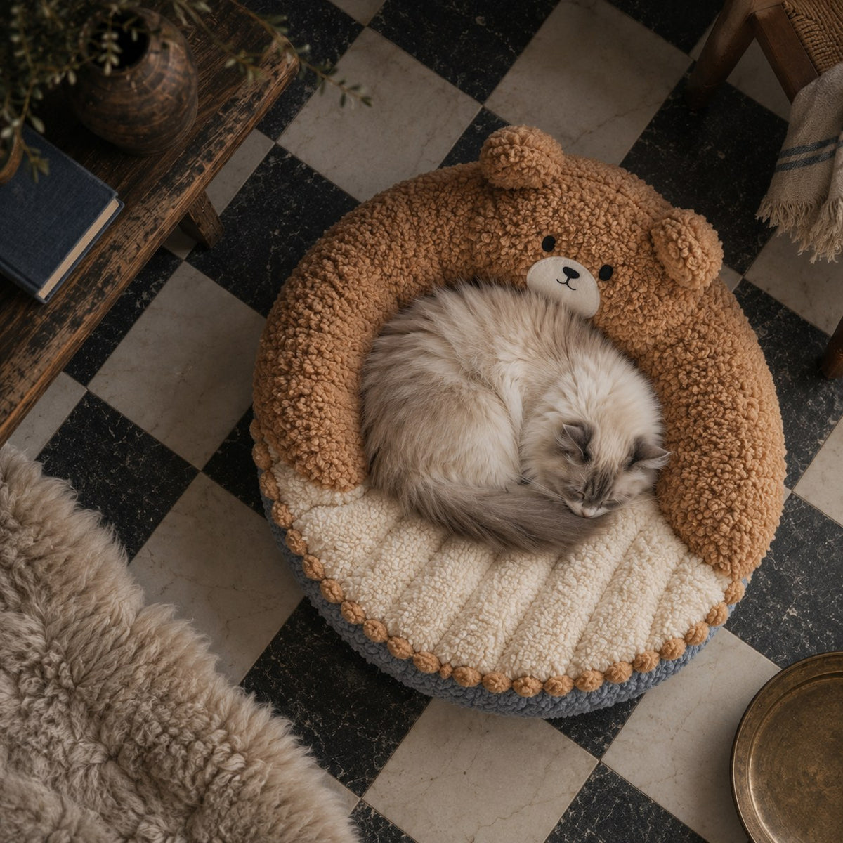 Sorrel bear-ear cat donut bed in coffee bear in use at home | The Fernby