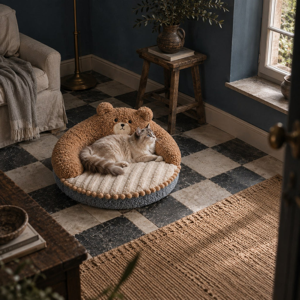 Sorrel bear-ear cat donut bed in coffee bear in use at home | The Fernby