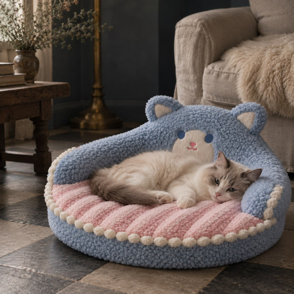 Sorrel bear-ear cat donut bed in blue bear in use at home | The Fernby