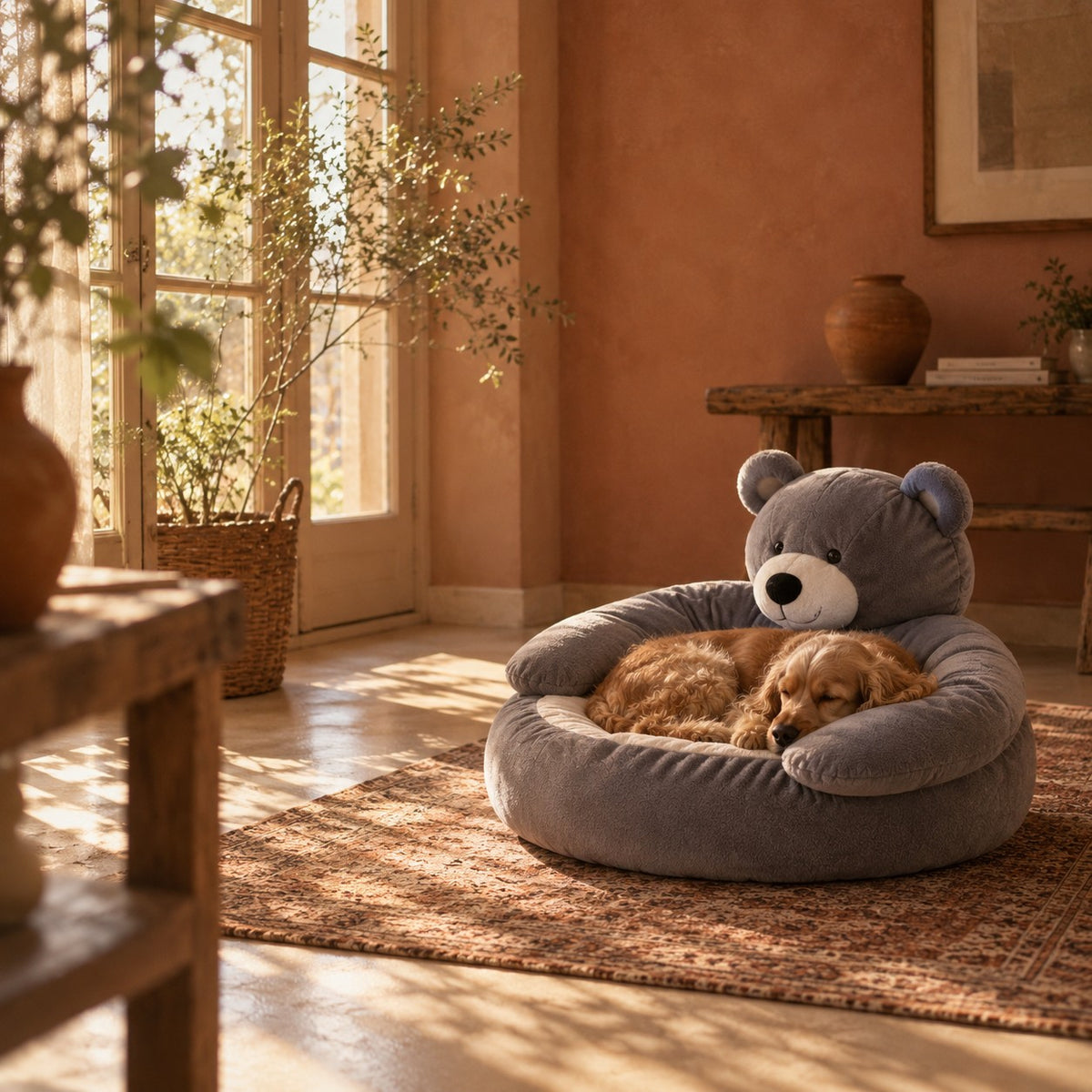 Tarn bear plush dog donut bed in use at home | The Fernby