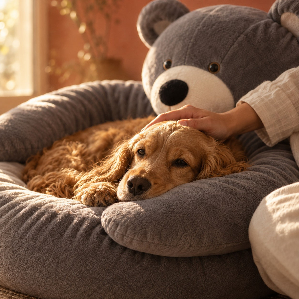 Tarn bear plush dog donut bed in use at home | The Fernby