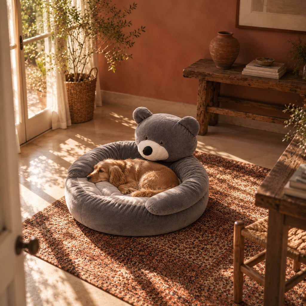 Tarn bear plush dog donut bed in use at home | The Fernby