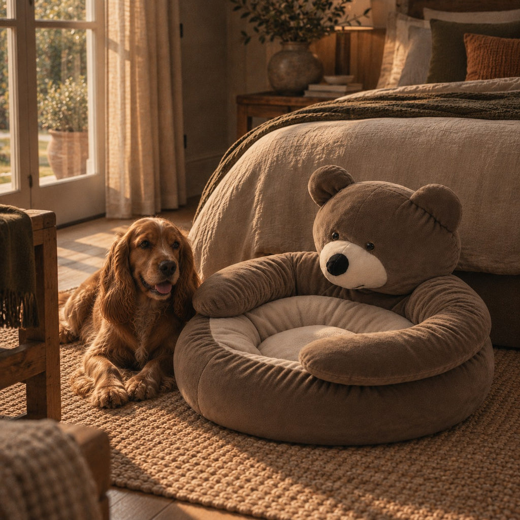 Tarn bear plush dog donut bed in use at home | The Fernby