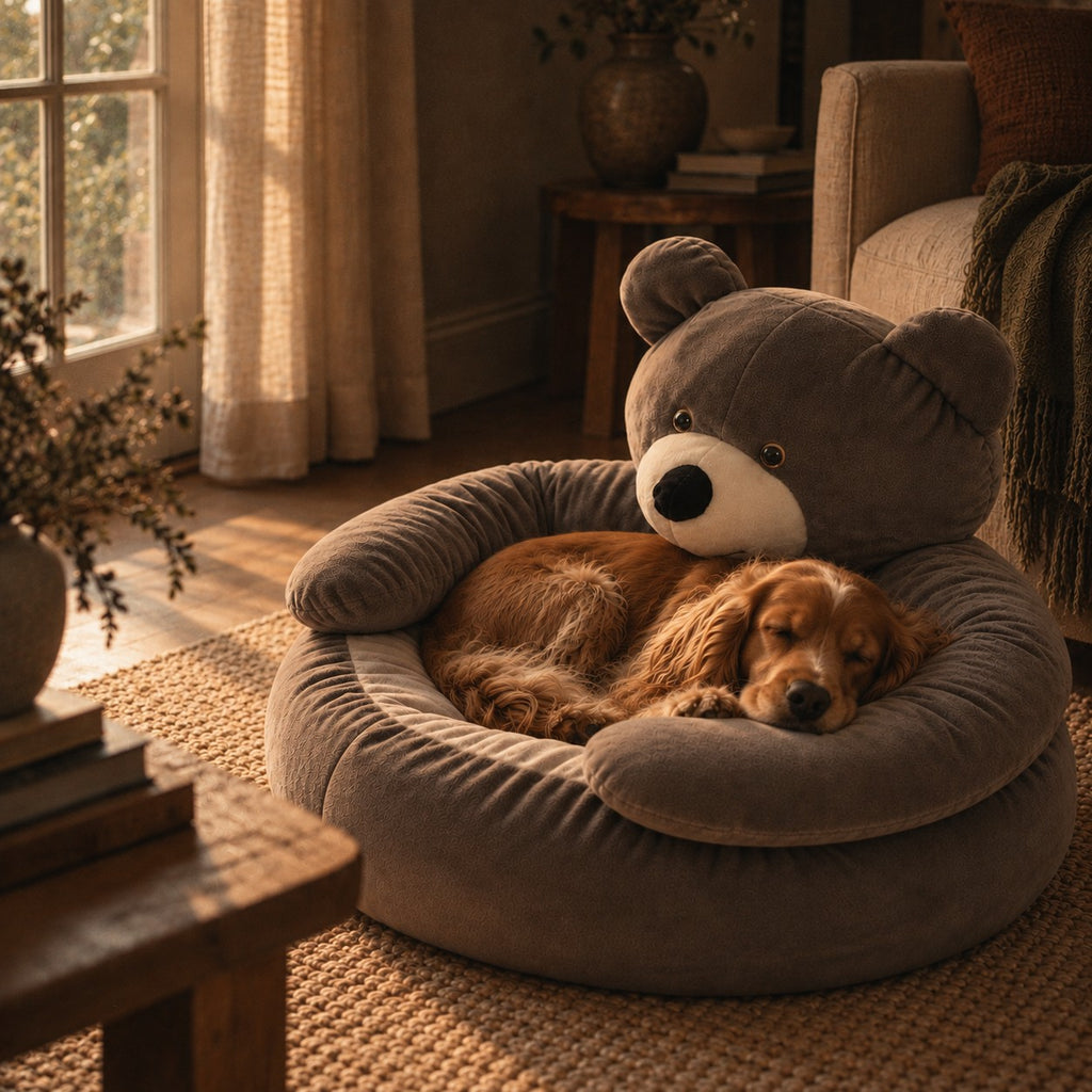 Tarn bear plush dog donut bed in use at home | The Fernby