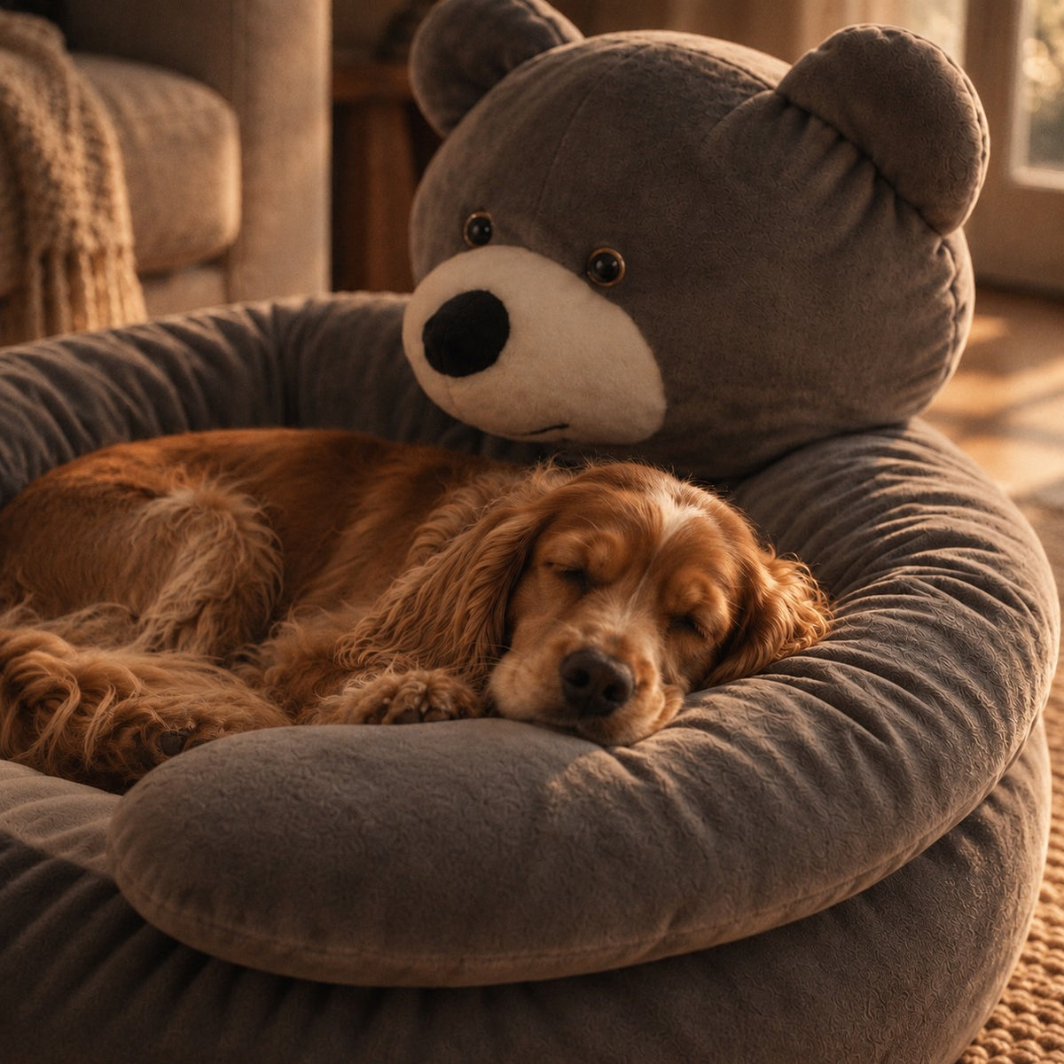 Tarn bear plush dog donut bed in use at home | The Fernby