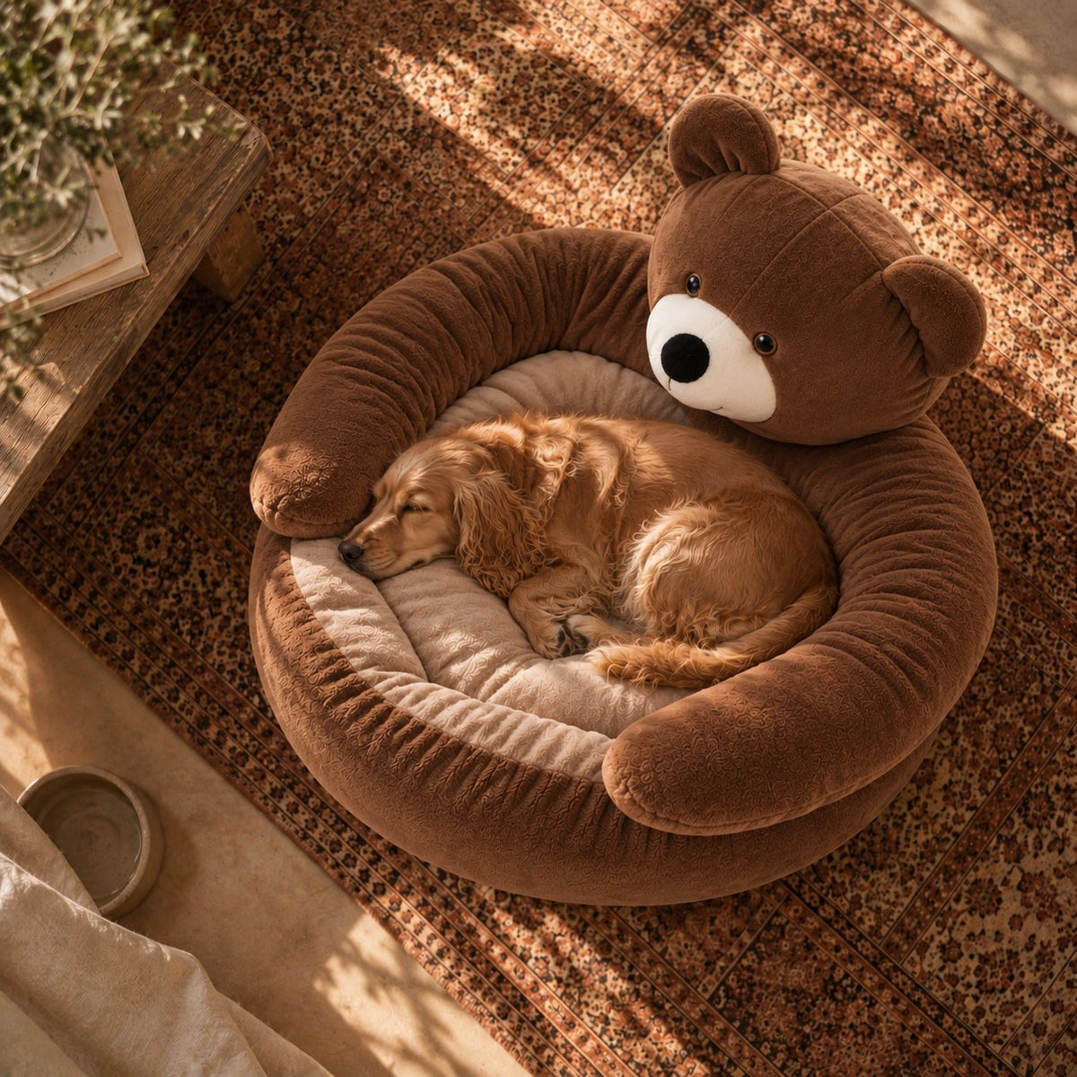 Tarn bear plush dog donut bed in brown in a home setting | The Fernby