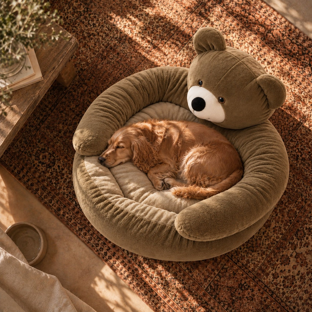 Tarn bear plush dog donut bed in khaki in a home setting | The Fernby