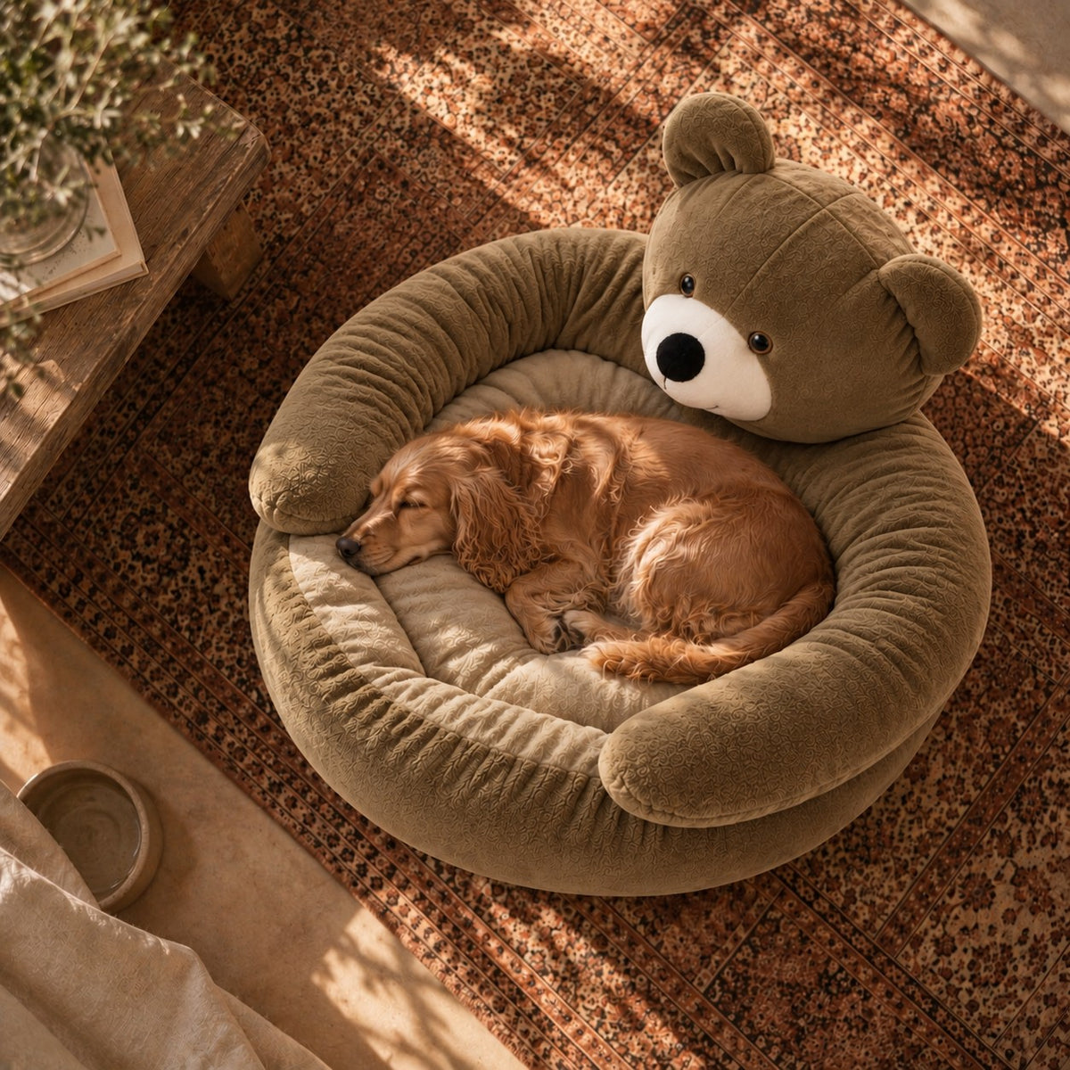 Tarn bear plush dog donut bed in khaki in a home setting | The Fernby