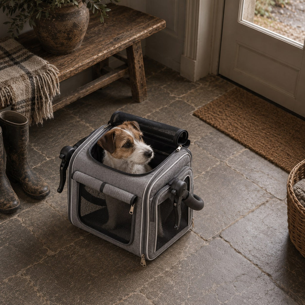 Tarset dog bike basket in grey in use | The Fernby