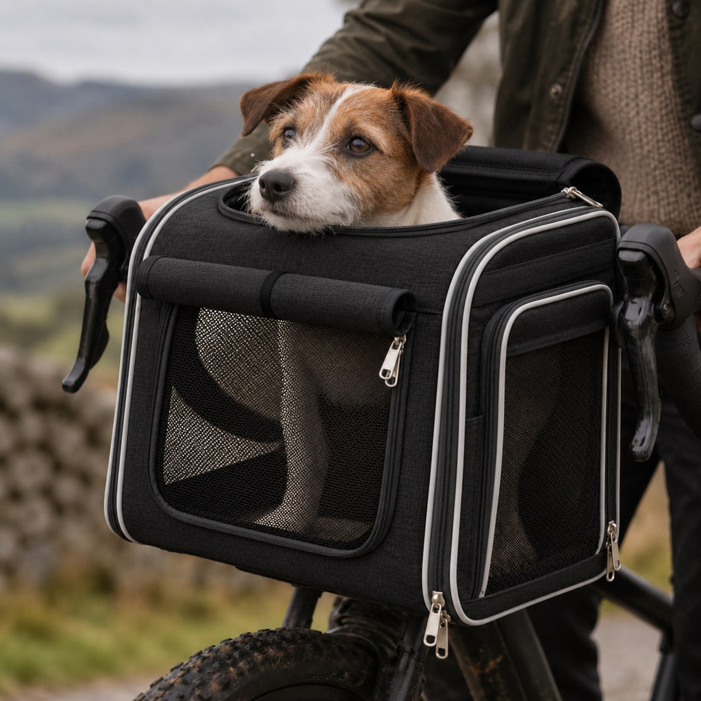 Tarset dog bike basket in black in use | The Fernby