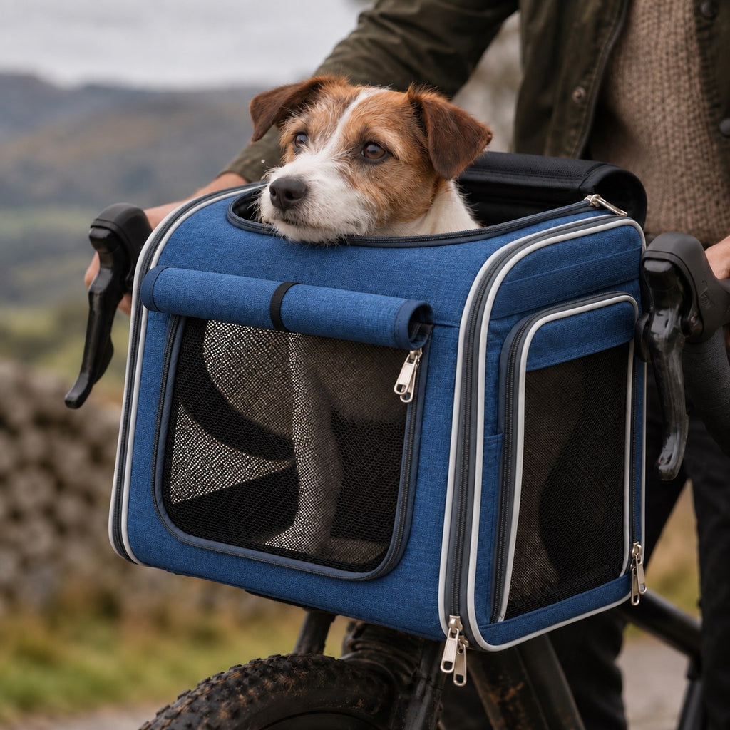 Tarset dog bike basket in blue in use | The Fernby