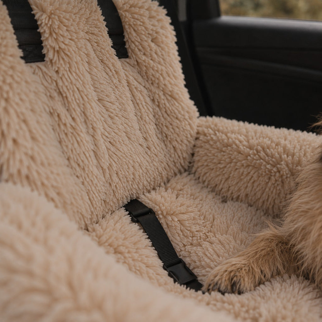 Verney raised dog car bed plush and strap detail | The Fernby