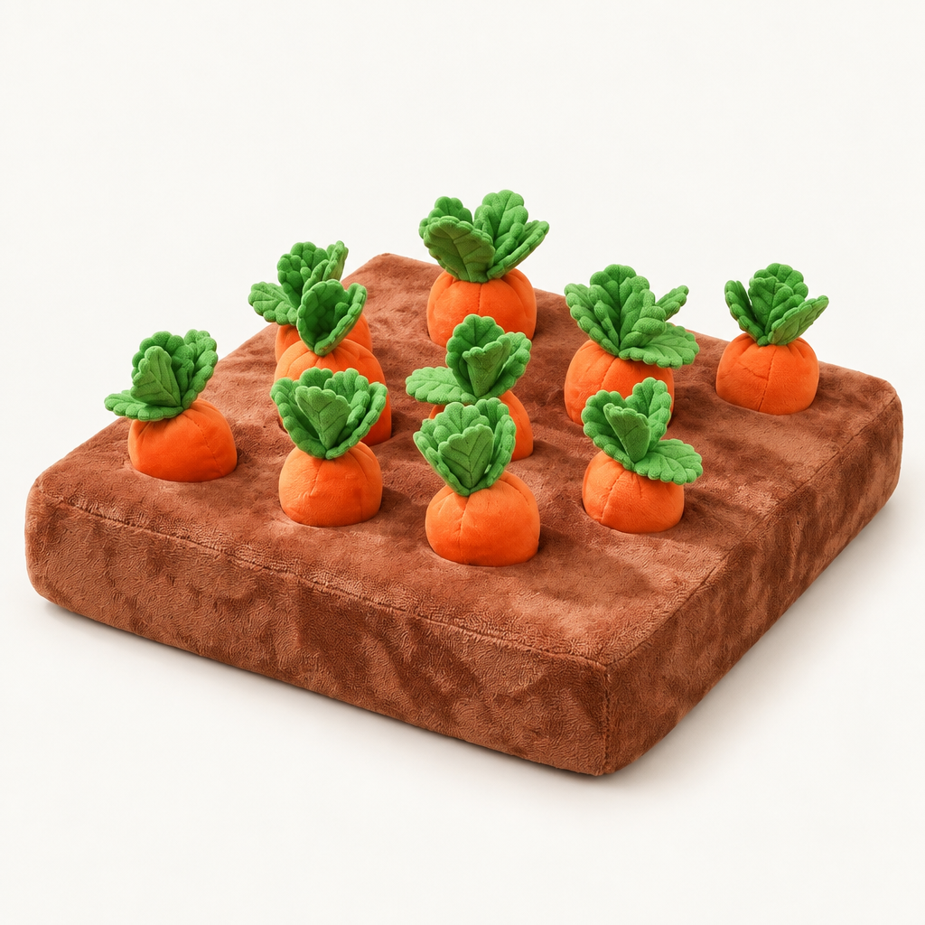 Kestrel plush dog snuffle mat with pull-out carrot toys, studio product photograph
