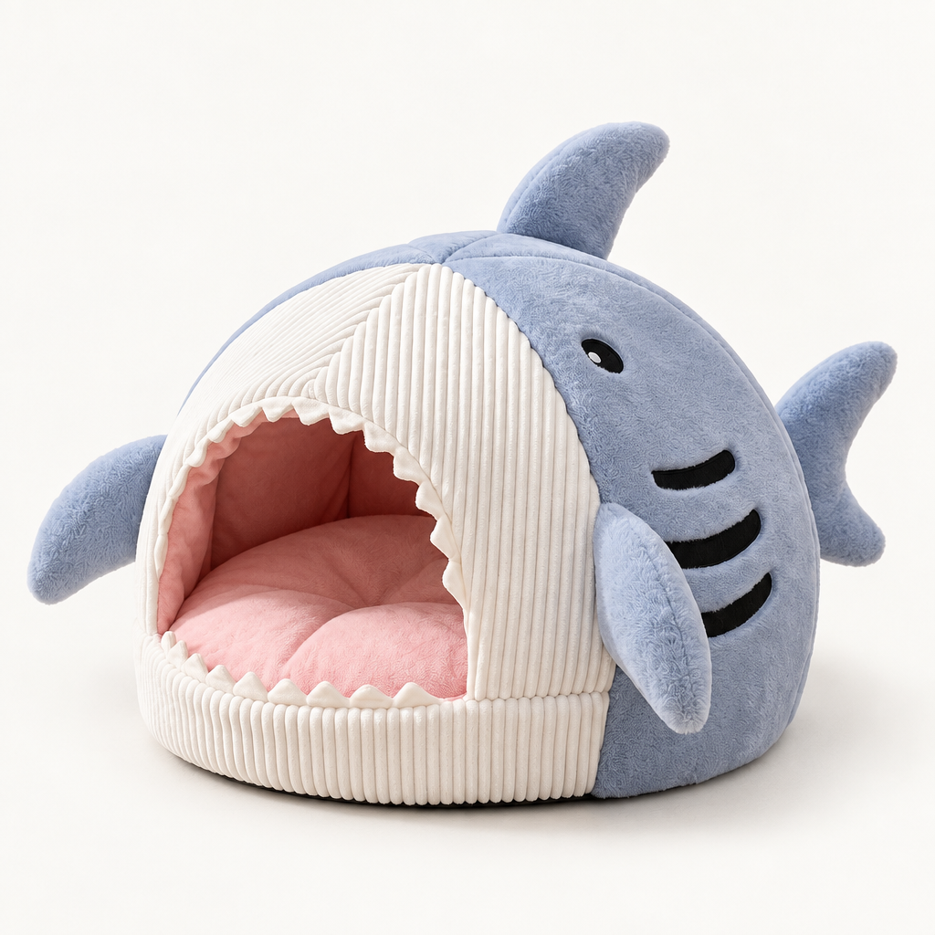 Barley padded shark-shaped pet bed with cushioned base and open mouth entrance, studio product photograph
