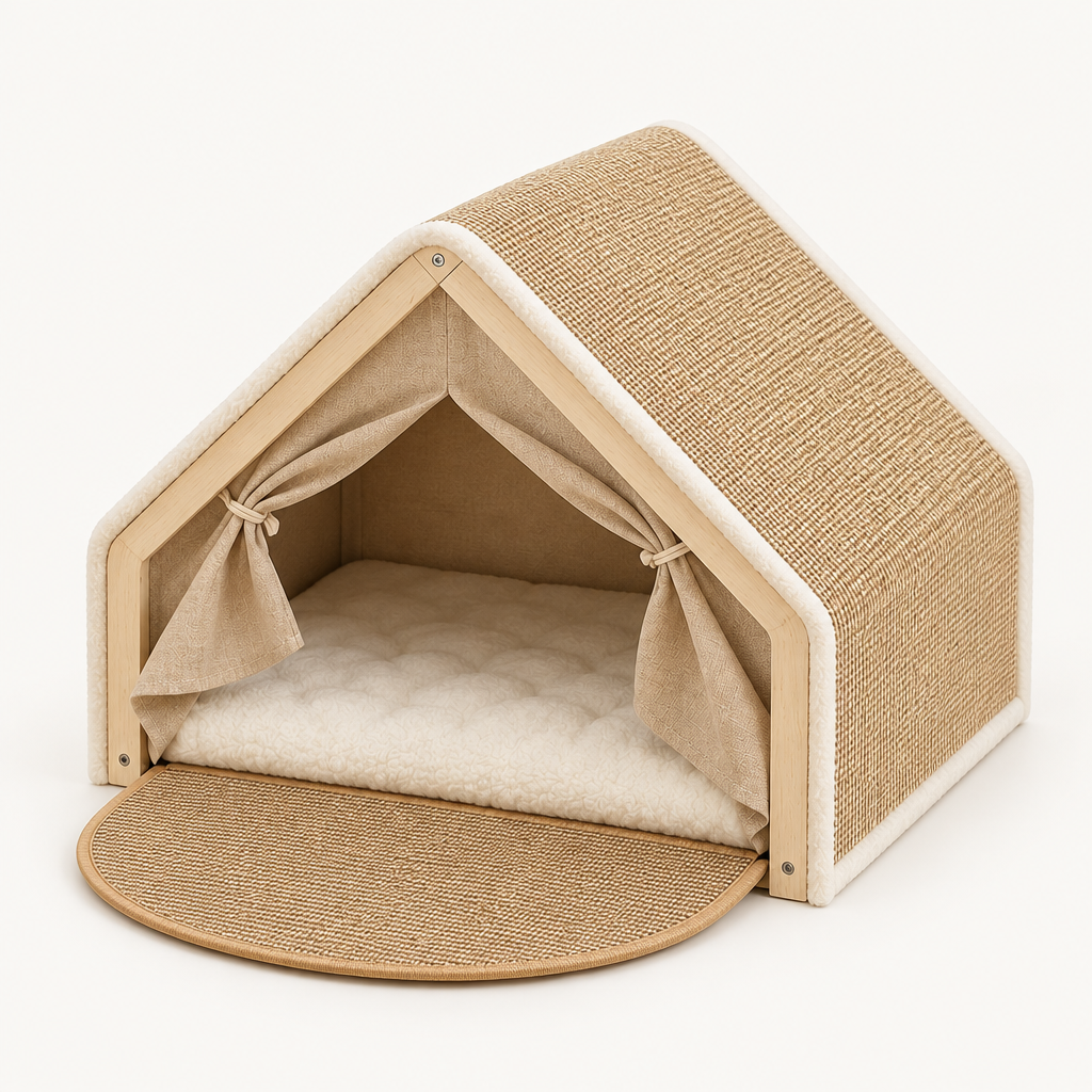 Ferris solid wood cat tent house with sisal-covered pitched roof, studio product photograph