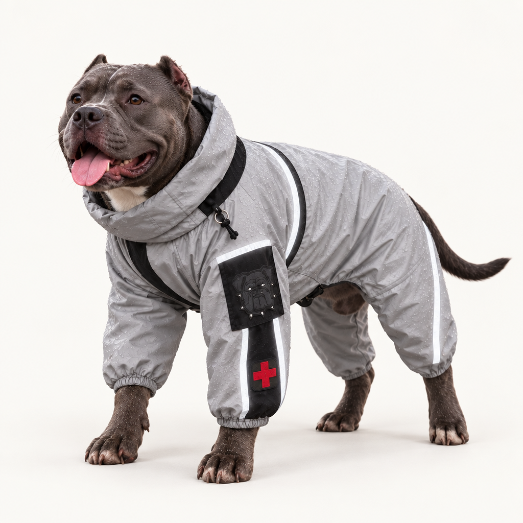 Moss full-coverage waterproof dog raincoat jumpsuit with hooded neckline and reflective detai, studio product photograph