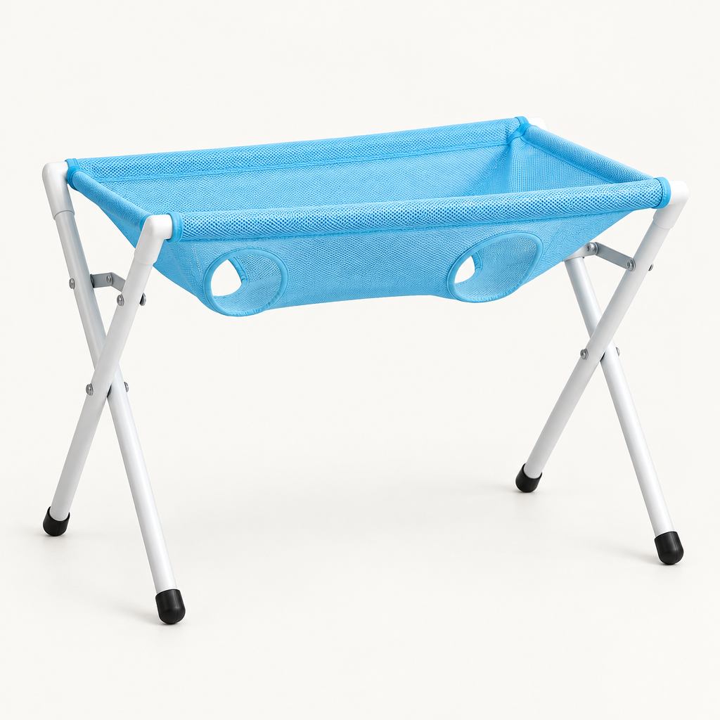 Elder foldable pet grooming rack with mesh sling and adjustable straps, studio product photograph