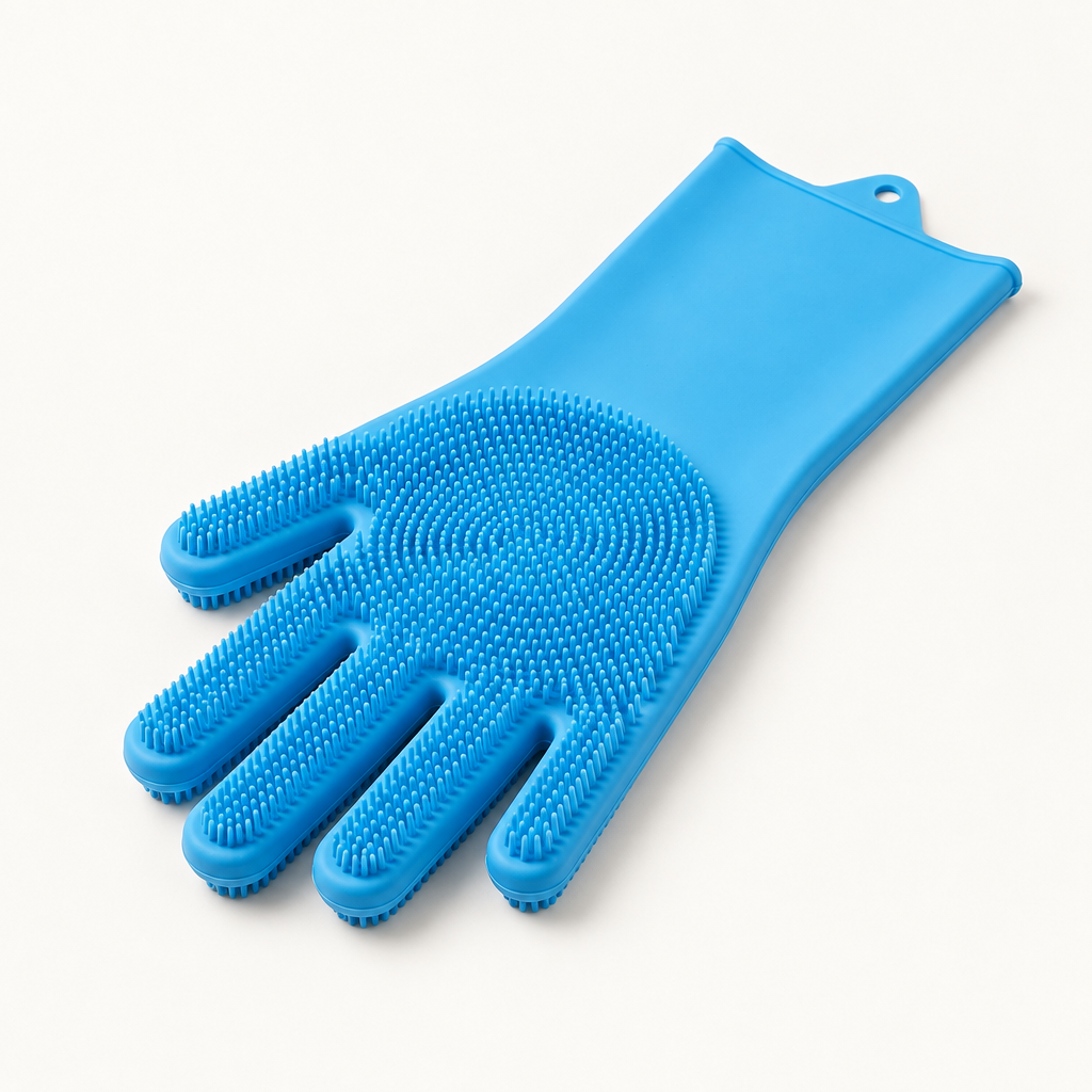 Otter silicone pet bathing and de-shedding glove with soft nubs and wrist strap, studio product photograph