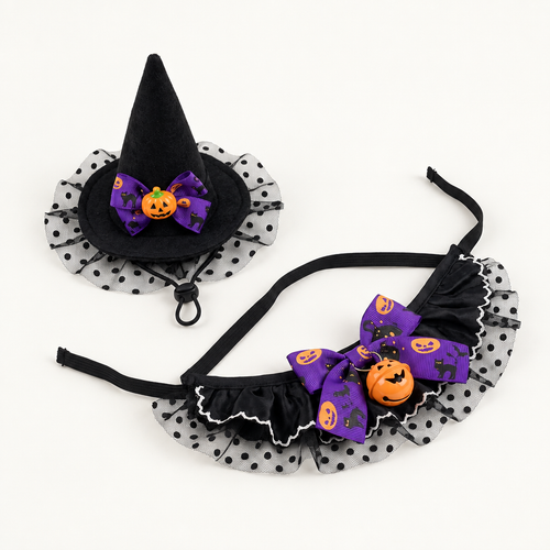 Ashby cat-sized pointed witch hat and tie-on bandana set, studio product photograph