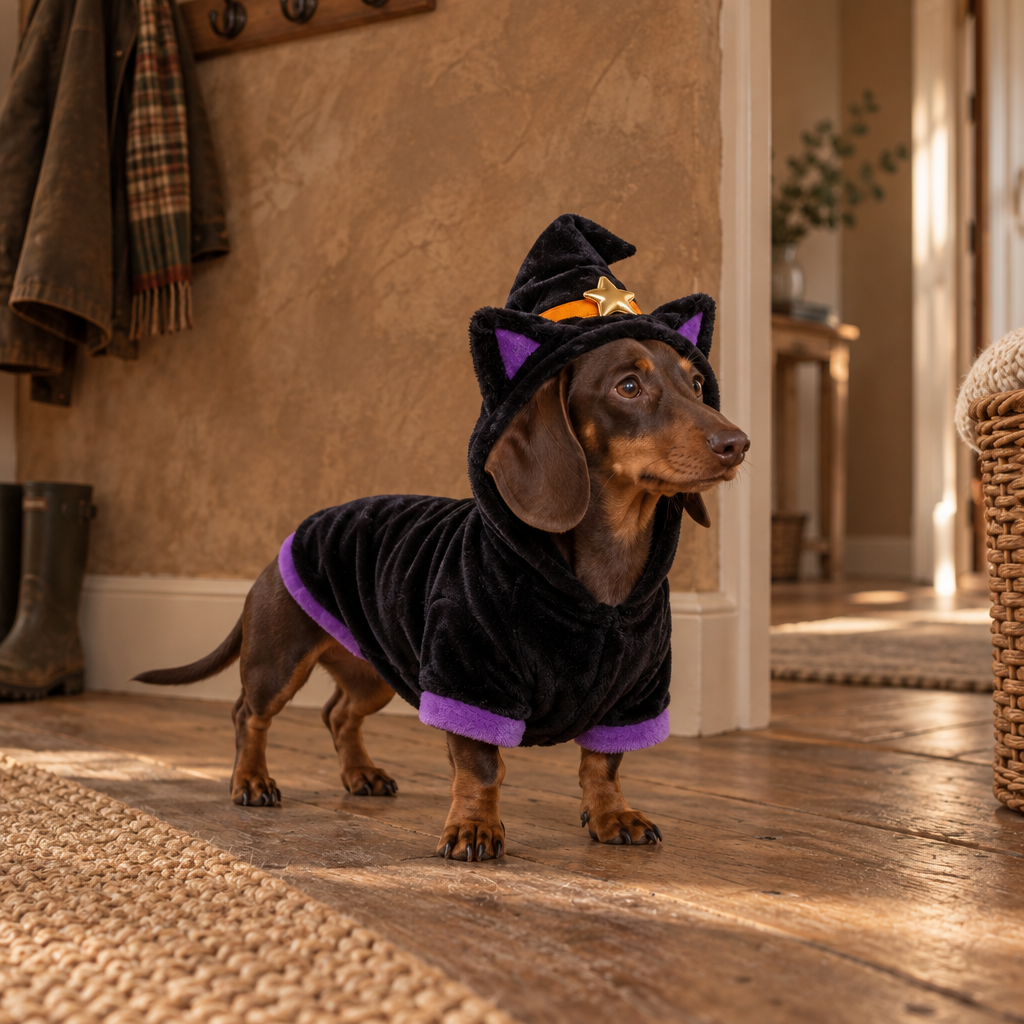 Bexley fleece pumpkin dog hoodie with brushed lining and hood in a British home