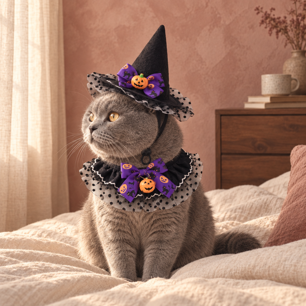 Ashby cat-sized pointed witch hat and tie-on bandana set in a British home