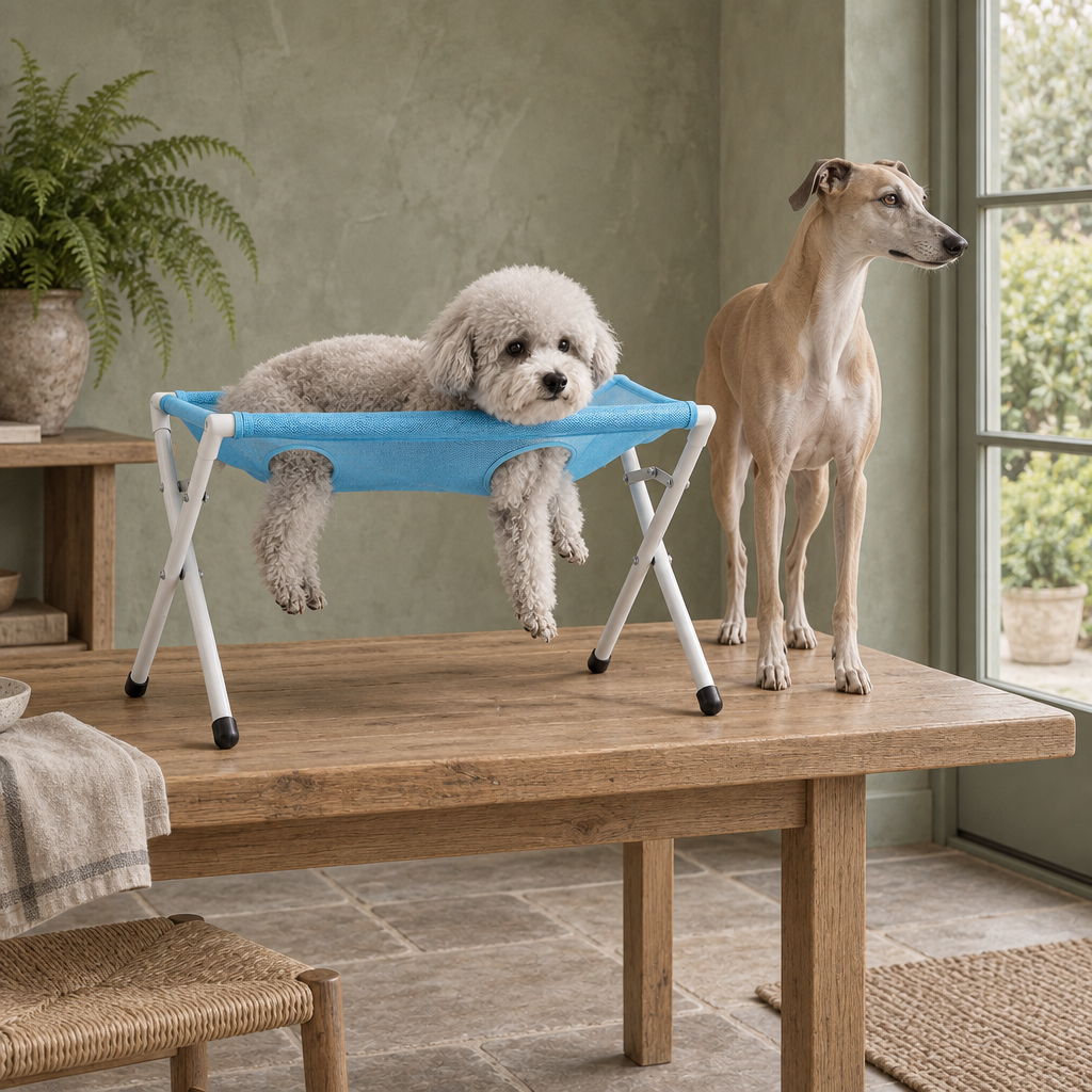 Elder foldable pet grooming rack with mesh sling and adjustable straps in a British home