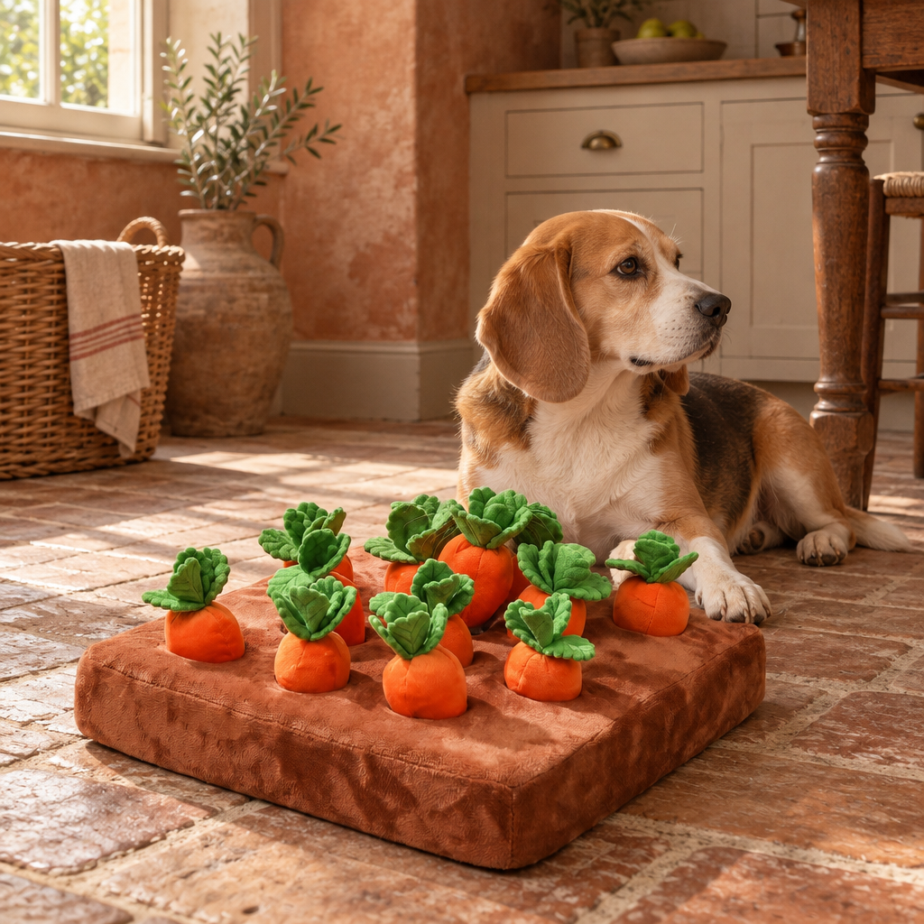 Kestrel plush dog snuffle mat with pull-out carrot toys in a British home