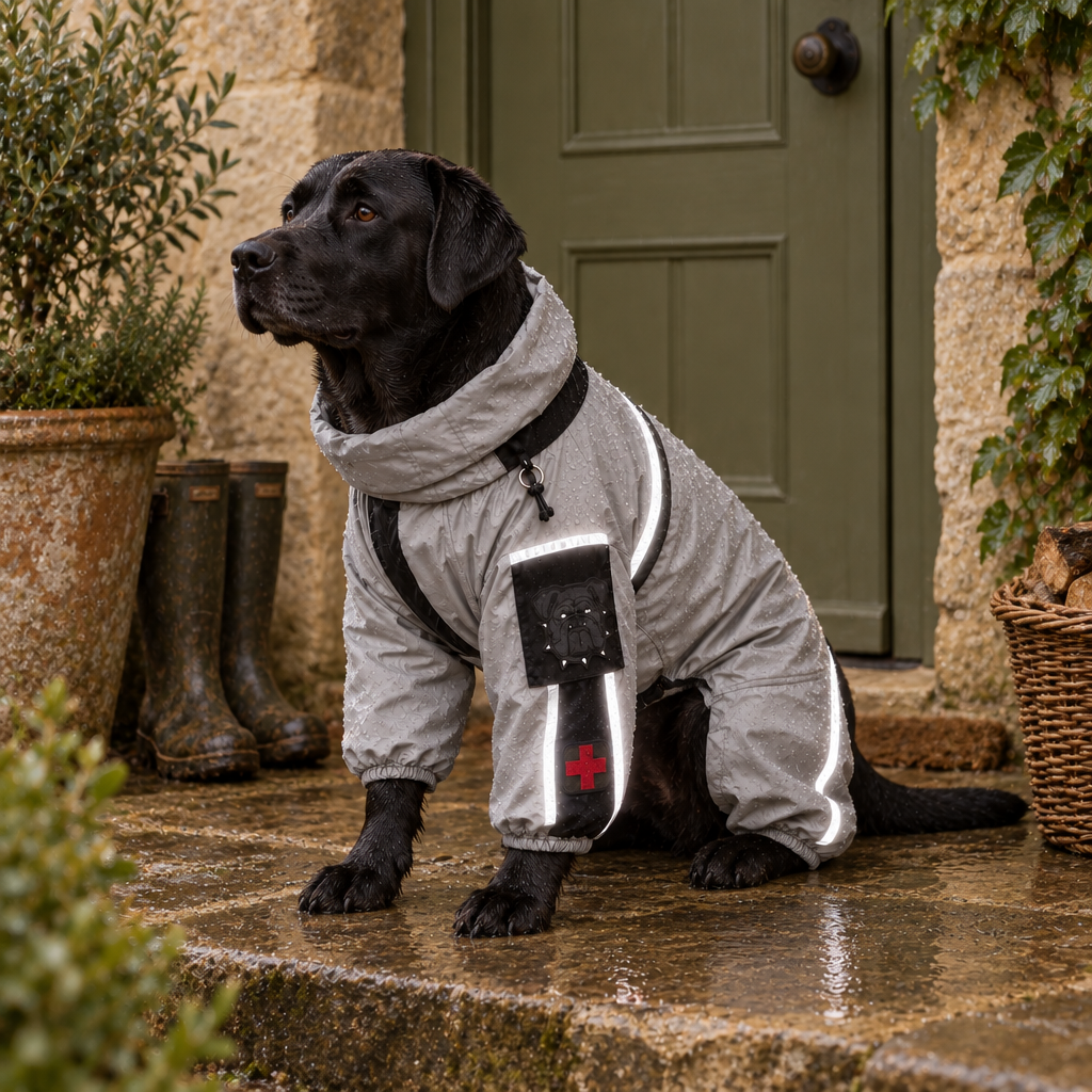 Moss full-coverage waterproof dog raincoat jumpsuit with hooded neckline and reflective detailing in a British home