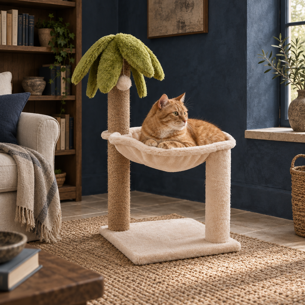 Marlow two-level cat tree tower with sisal-wrapped posts in a British home