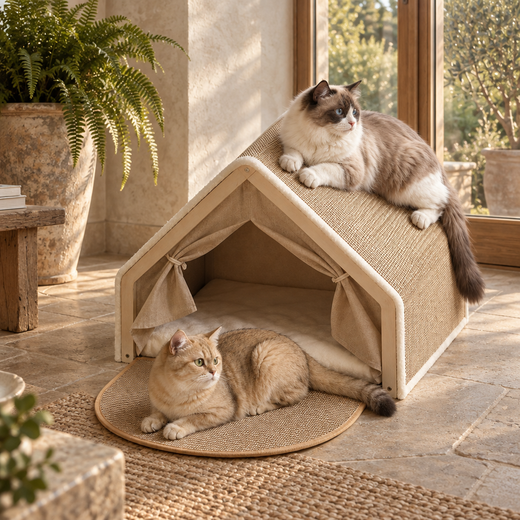 Ferris solid wood cat tent house with sisal-covered pitched roof in a British home