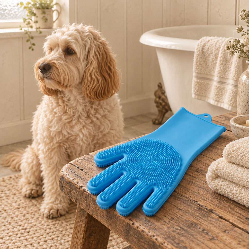 Otter silicone pet bathing and de-shedding glove with soft nubs and wrist strap in a British home