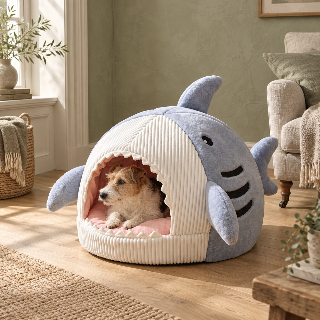 Barley padded shark-shaped pet bed with cushioned base and open mouth entrance in a British home