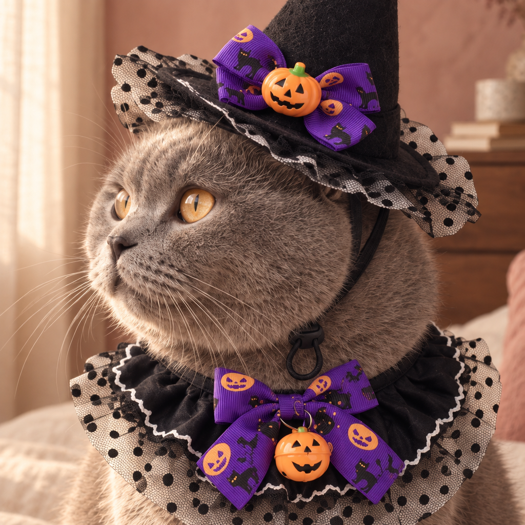 Ashby cat-sized pointed witch hat and tie-on bandana set, close detail of the material