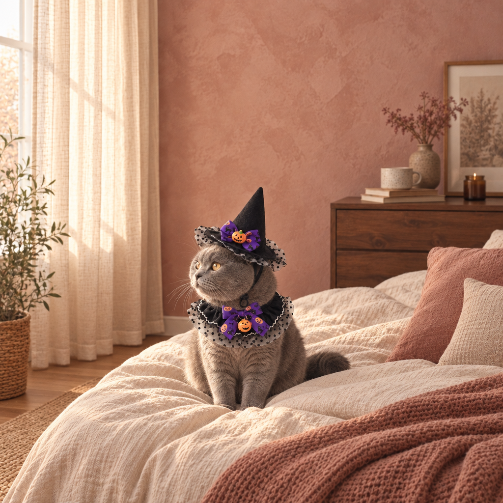 Ashby cat-sized pointed witch hat and tie-on bandana set, room view