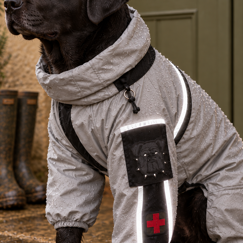 Moss full-coverage waterproof dog raincoat jumpsuit with hooded neckline and reflective de, close detail of the material