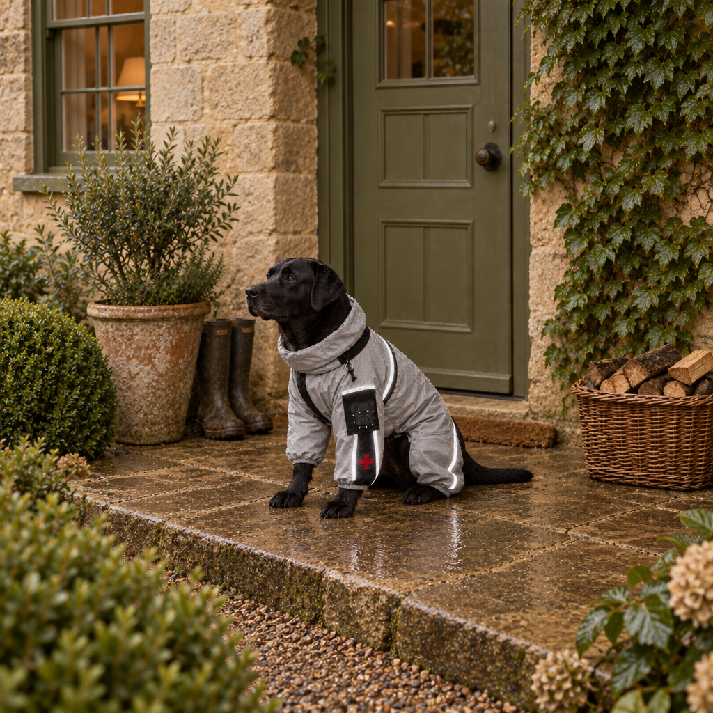 Moss full-coverage waterproof dog raincoat jumpsuit with hooded neckline and reflective detailing, room view